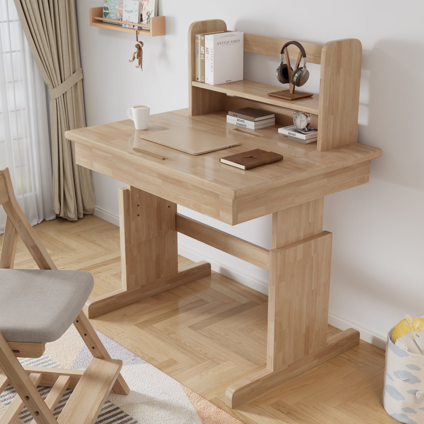 Children's Table, Height-Adjustable Solid Wood Multifunction Desk For Kids, Folding Table Top, Bookend, Safety Certified, For Kids 6 Years And Up