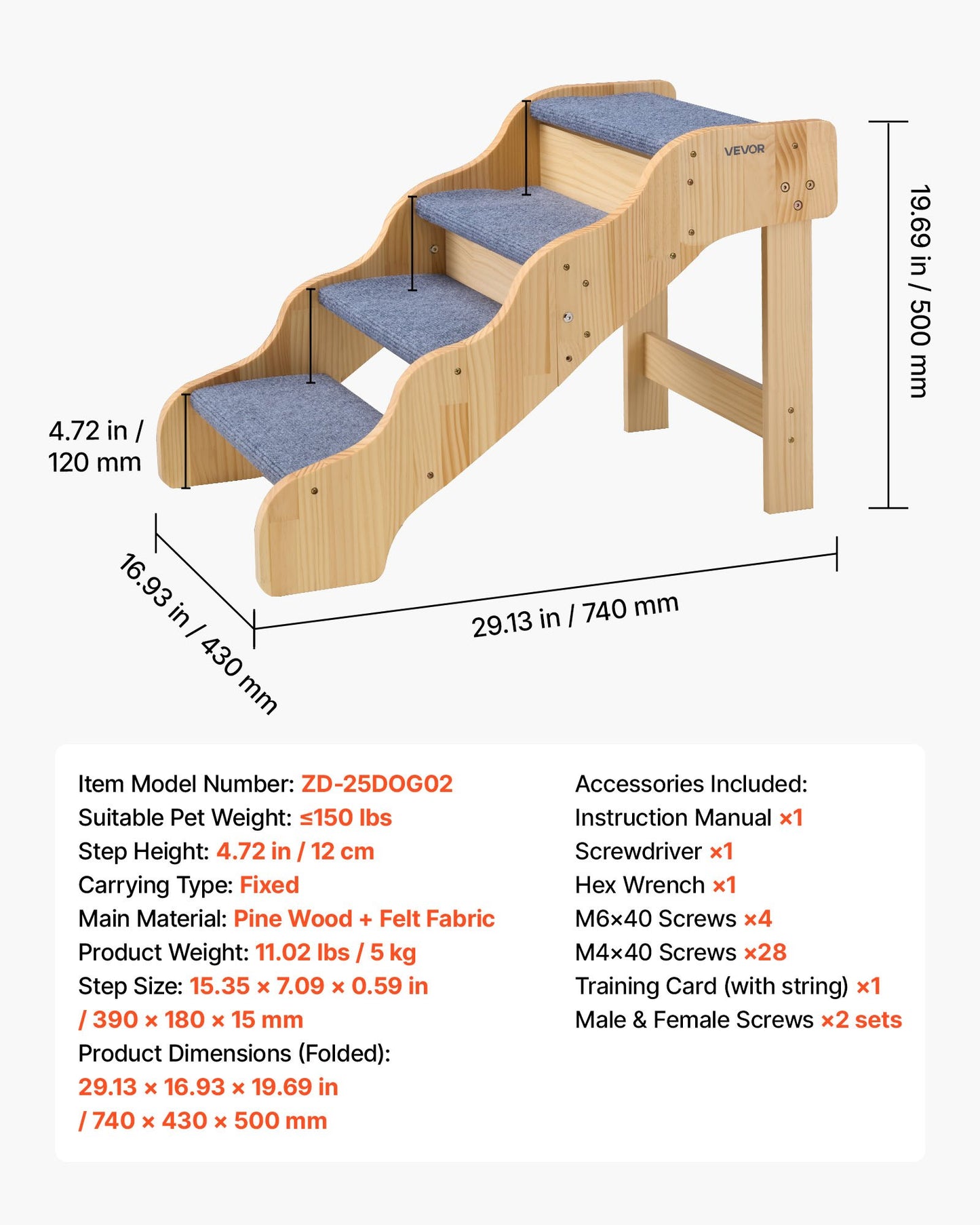 Wood Pet Stairs, 4-Step Dog Stairs For High Beds, Sofa & Cars, 150lbs Load Capacity, Non-Slip Surface, Stable Cat & Dog Step Ladder For Small Medium Large Older Pet Puppy Essentials