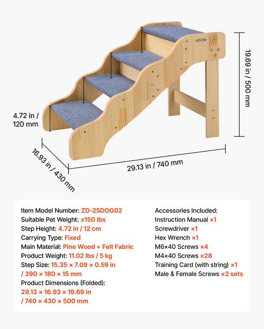 Wood Pet Stairs, 4-Step Dog Stairs For High Beds, Sofa & Cars, 150lbs Load Capacity, Non-Slip Surface, Stable Cat & Dog Step Ladder For Small Medium Large Older Pet Puppy Essentials