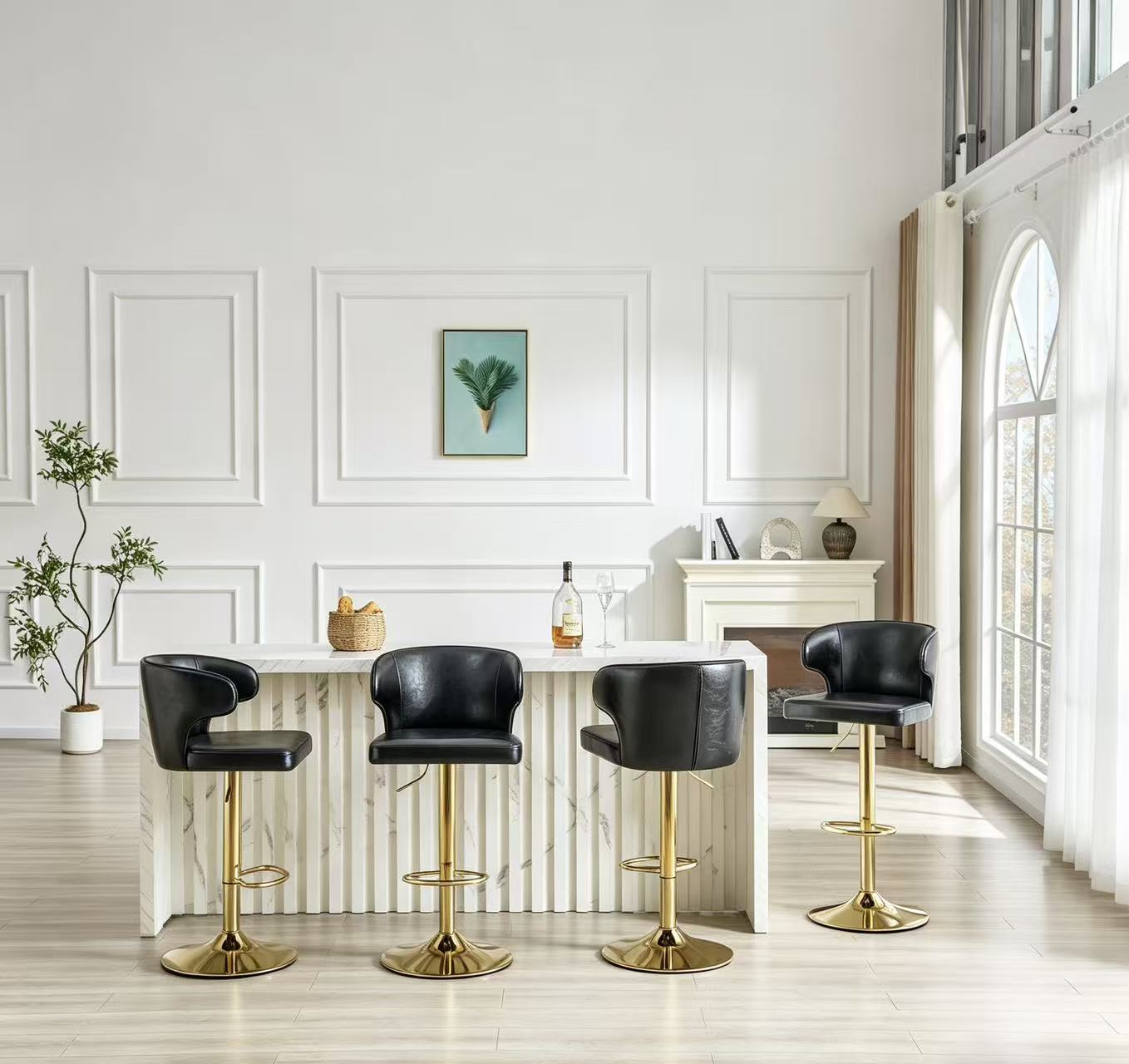 Modern Rotating Adjustable Bar Chair, PU Leather Belt Backrest Swivel Chair, Suitable For Kitchen Bar Counter And Dining Room, Adjustable Height, Capable Of Bearing 300 Pounds  Black -4 Pieces