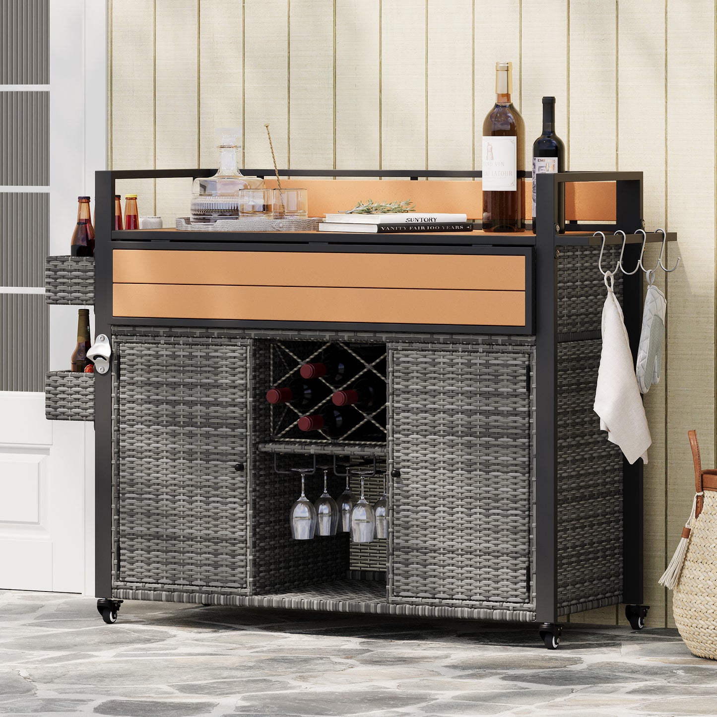 K&K 52.8 W Wicker Outdoor Grill Cart With Extended Plastic Wood Table Top, Rolling Kitchen Island On Wheels With Storage Cabinet, For Patio Backyard Garden Poolside, Double Handle Design, Grey