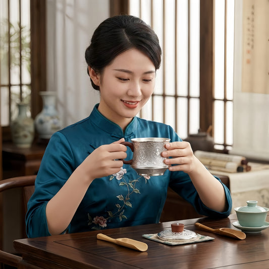 925 Sterling Silver Elegant  Teapot with Intricate Floral Engraving and Wooden Accents-Premium Tea Mug - Handicraft