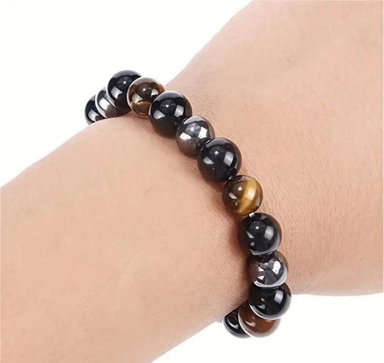Triple Protection Bracelet, 2 Pieces Black Obsidian Tiger's Eye Stone Hematite Bracelet, Natural Tiger's Eye Bracelet Good Luck Bracelet Gift For Him Friend Husband Father