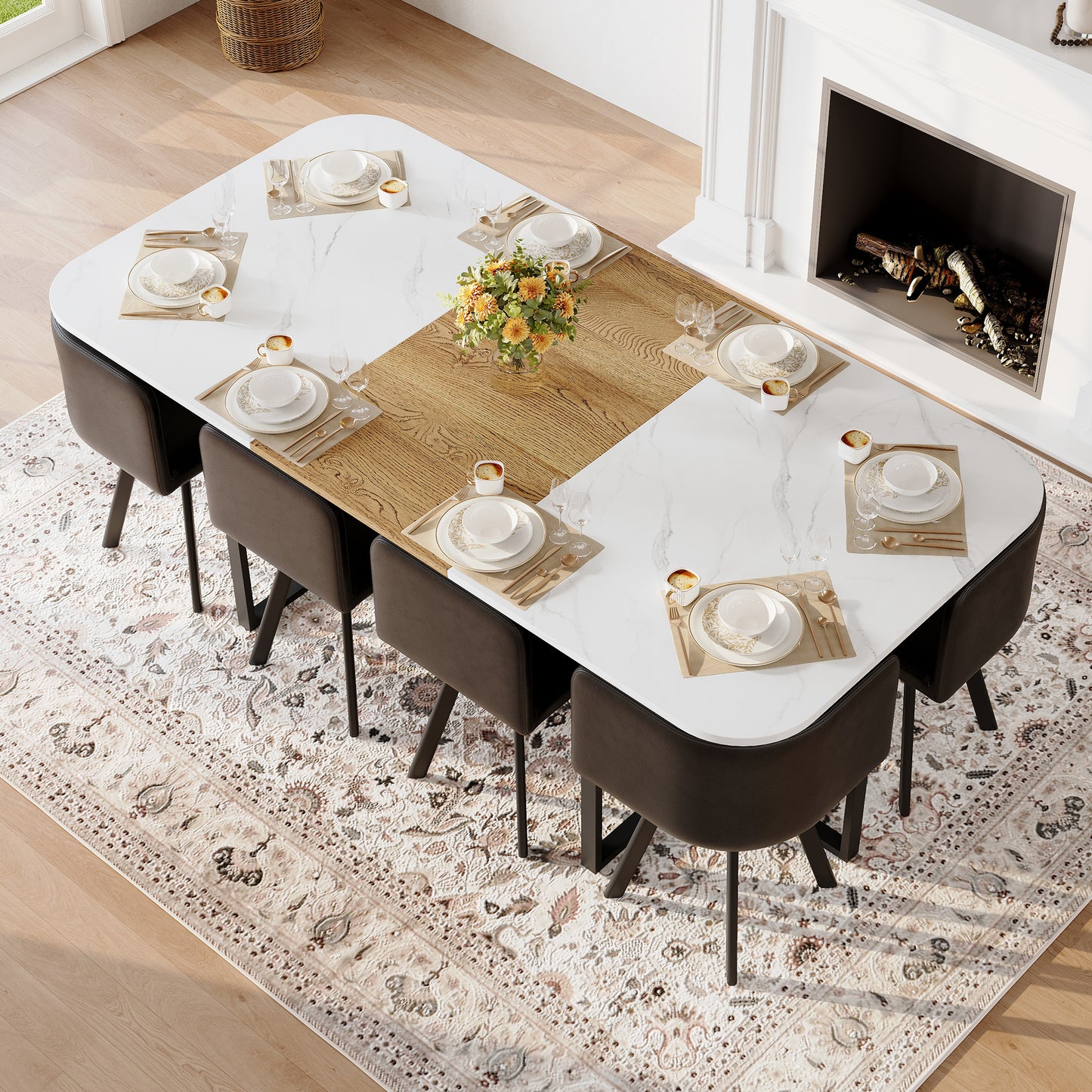 9-Piece Square Dining Table Set, Fixed White Faux Marble & Wood Grain Triamine Tabletop With 8 Black Faux Leather Chairs, Modern Kitchen Table Set For 8 People, Ideal For Family Gatherings