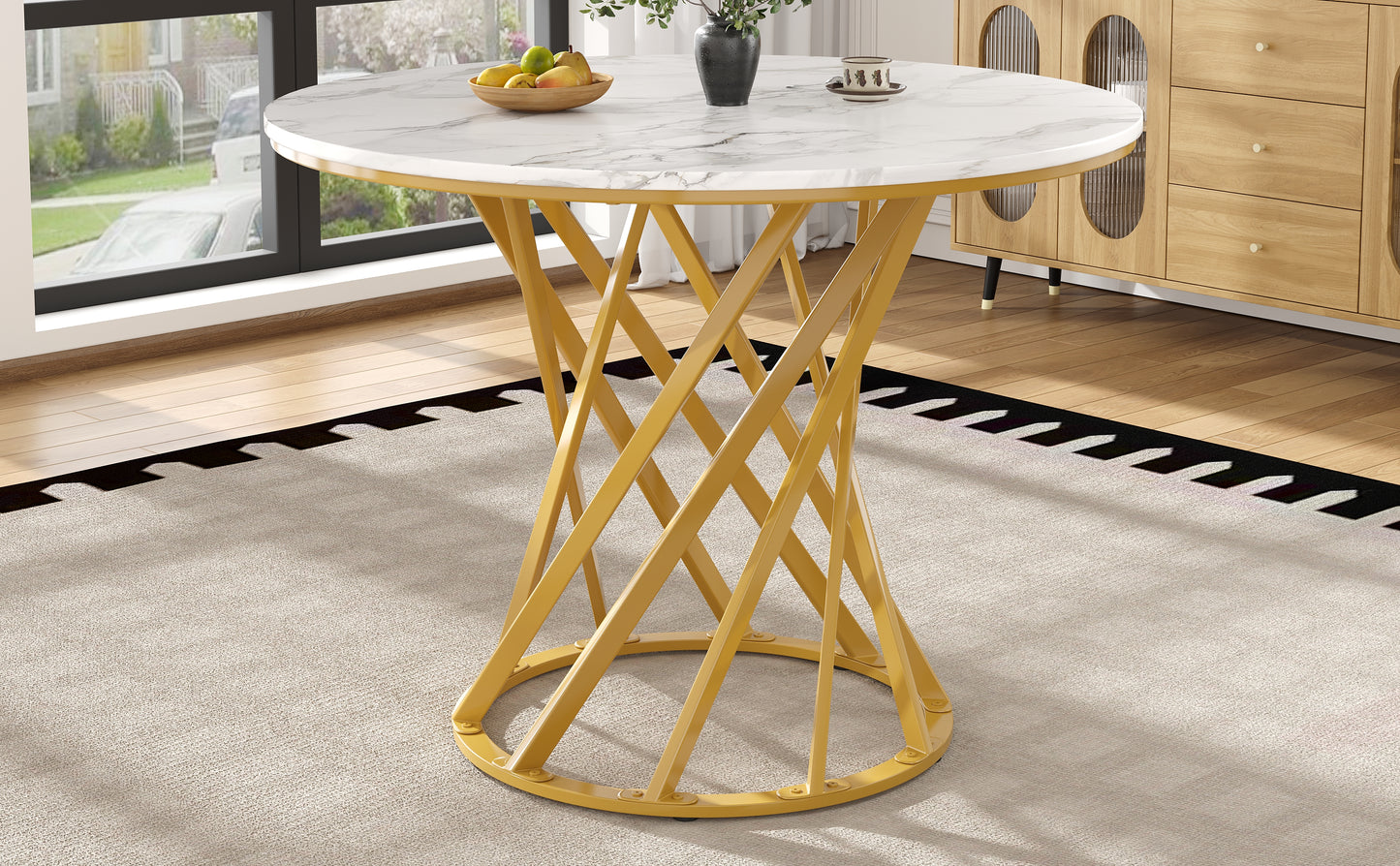 Round Dining Table  80x80x76cm , Kitchen Table, Round Coffee Table For 4, Suitable For Dining Room, Living Room, Metal Table Legs, MDF Marbled Table Top, Golden Legs