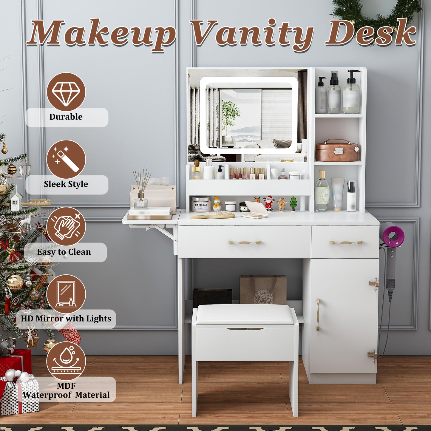 Vanity Desk With LED Mirror Lights And Power Outlet Charging Station, Makeup Dressing Table With 3 Drawers, 7 Shelves And Storage Stool, For Girls And Women White