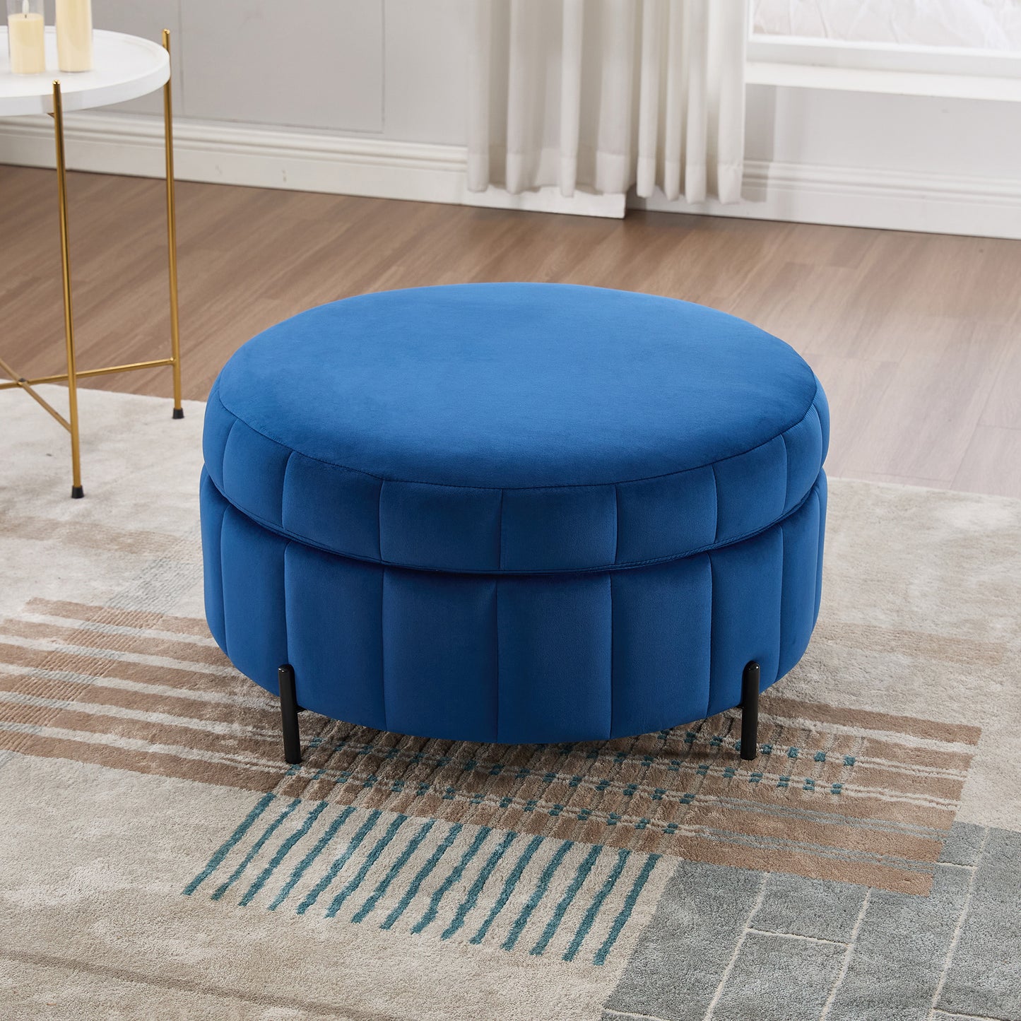 31.5 W Upholstered Round Ottoman With Reversible Lid, Velvet Storage Stool, Channel Tufted Pumpkin-shape Footstool For Living Room, Bedroom And Office, Navy