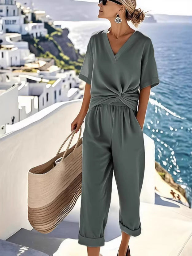 Fashion Solid Color Asymmetrical Short Sleeve Set