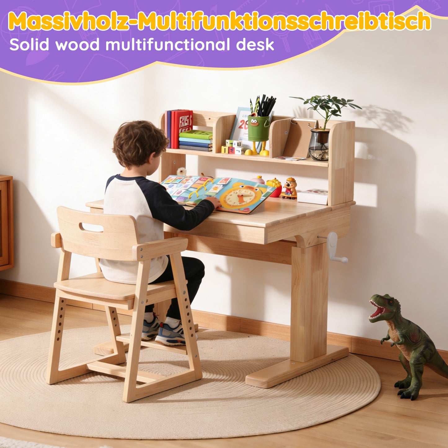 Children's Table, Height-adjustable Solid Wood Children's Desk, Foldable Tabletop 0 -43 , Storage Space, Safety Certified, For Children From 6 Years Of Age