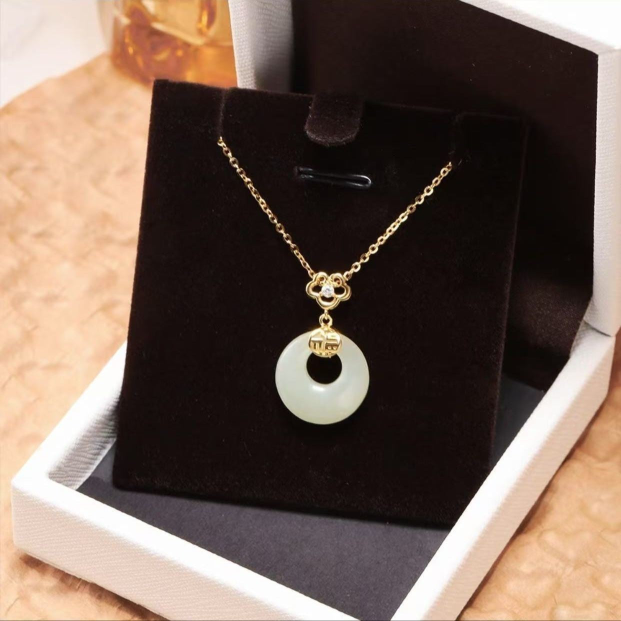 New Chinese-Style Imitation Hetian Jade Fortune And Peace Pendant Titanium Steel Necklace, Light Luxury Niche Design, Valentine's Day Gift For Mom