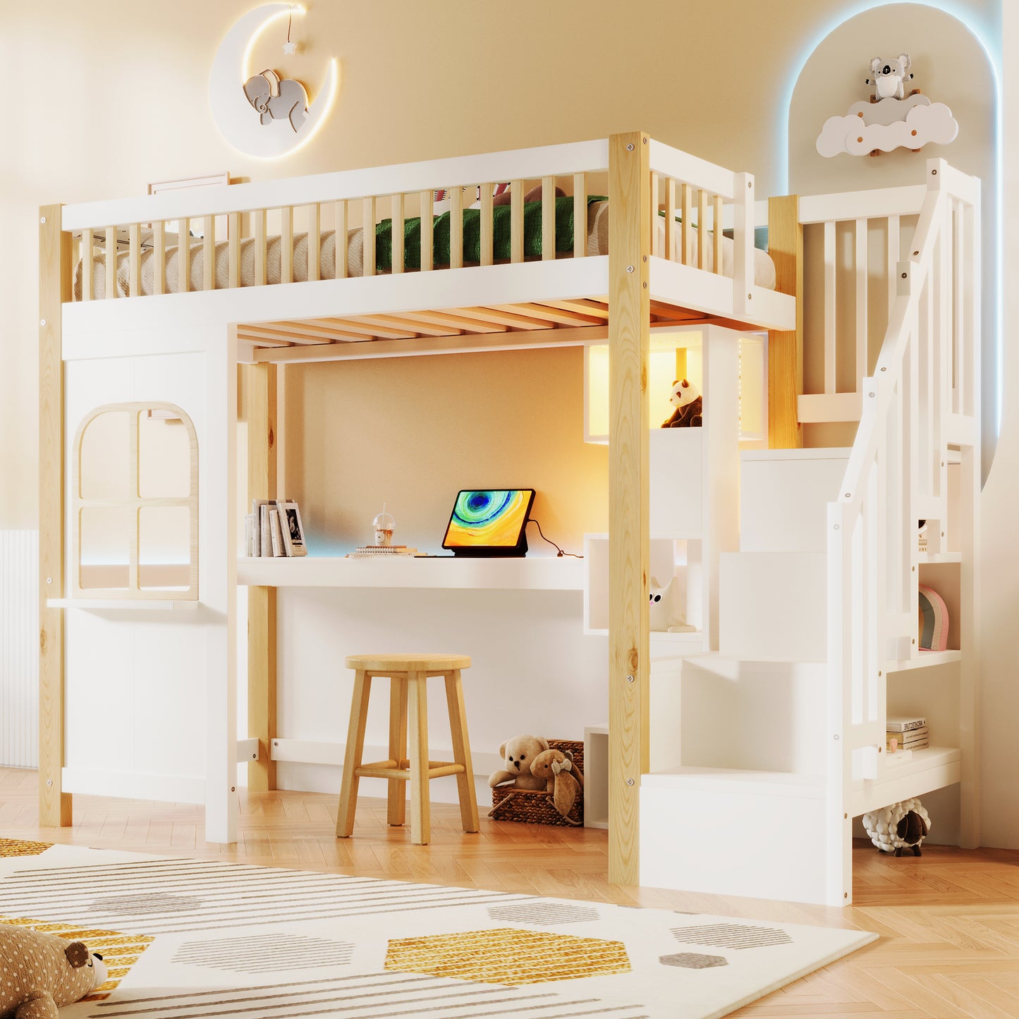 Loft Bed, 90x200cm, With LED Lights, Window Shape, Storage Ladder, Open Storage Compartment, Desk, Socket, Without Mattress, White Natural