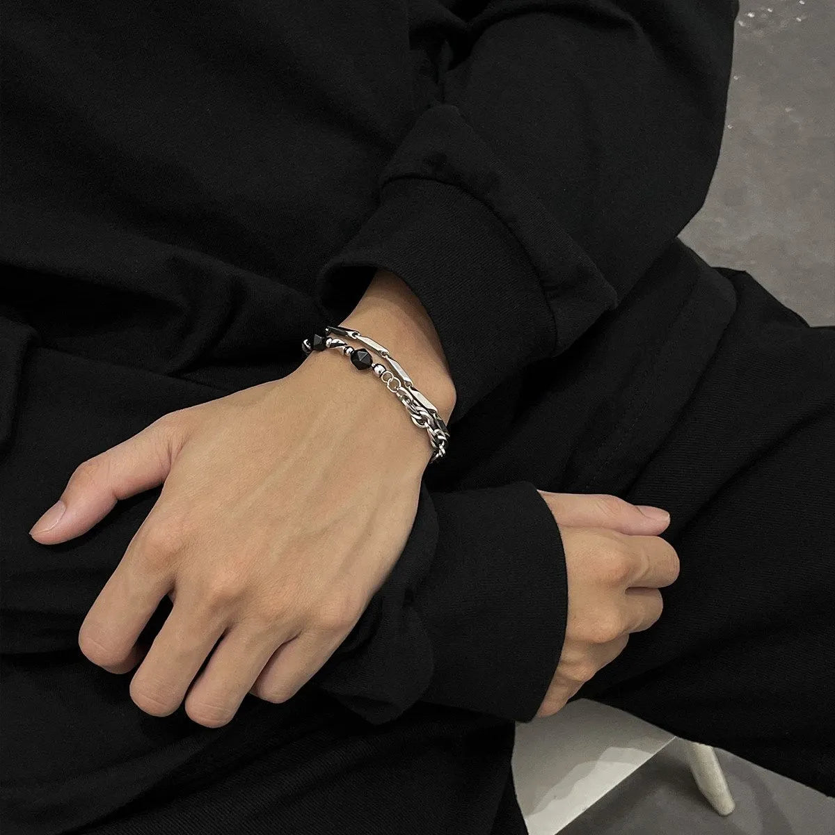 1pcs Double Layer Black Faceted Bead Spliced Titanium Steel Bracelet, Minimalist Dark Street Style, For Men Women Daily Wear & Couple Valentine Gifts