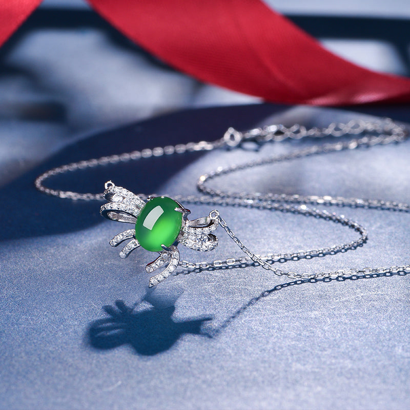 S925 Sterling Silver Necklace, 9x7mm Cabochon Green Chrysoprase Bowknot Pendant, Platinum Plated 3.1g, 45cm Chain, Elegant Women's Jewelry Gift Set