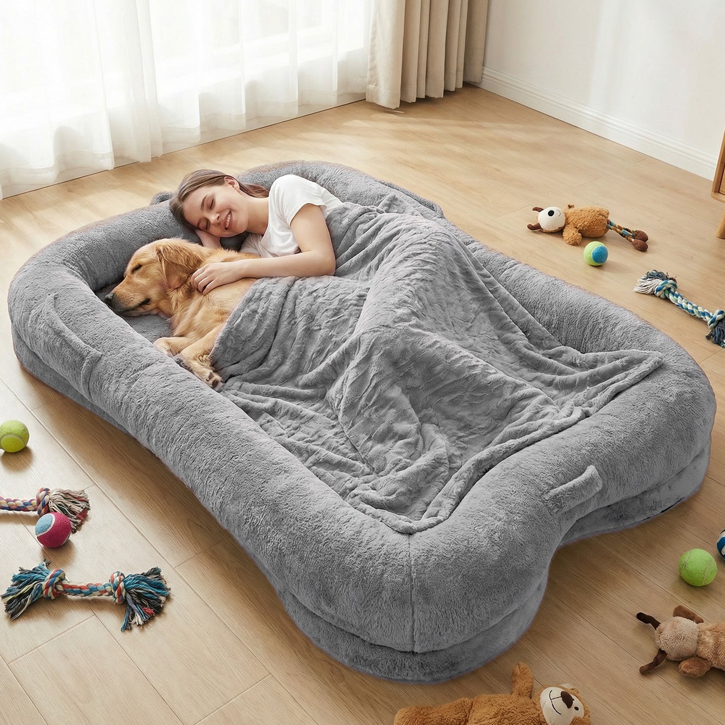 Human Dog Bed Washable Large Size Non Slip Bottom Comfortable Plush Giant Size Dog Bed With Blanket And Pocket For Home