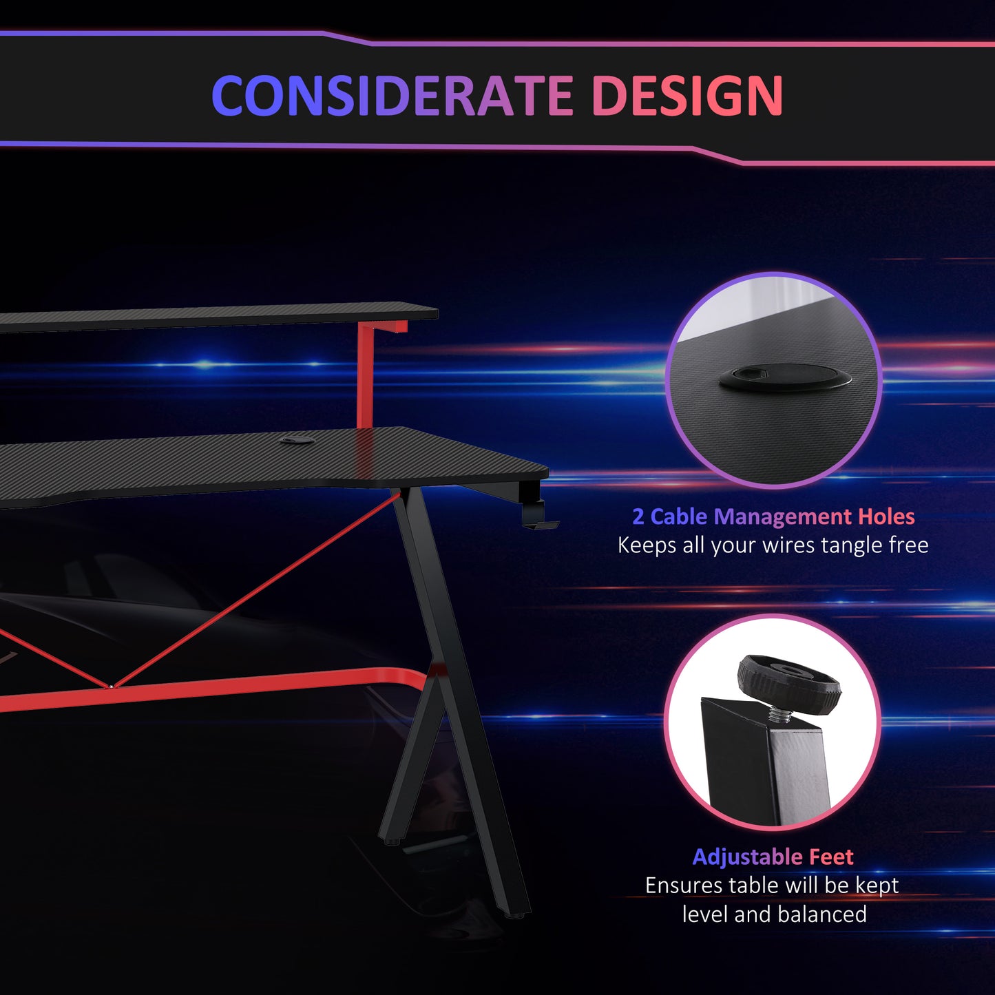 47 Inch Gaming Desk Racing Computer Desk Home Office Workstation with Elevated Monitor Shelf Rotatable Cup Holder Headphone Hook, Black