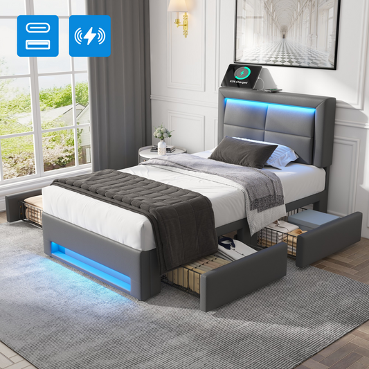 Upholstered Bed 90x190 Cm, With USB Port  Supports Wireless And Wired Charging , With LED Lighting And Four Drawers, Without Mattress, PU Lychee Pattern, Grey