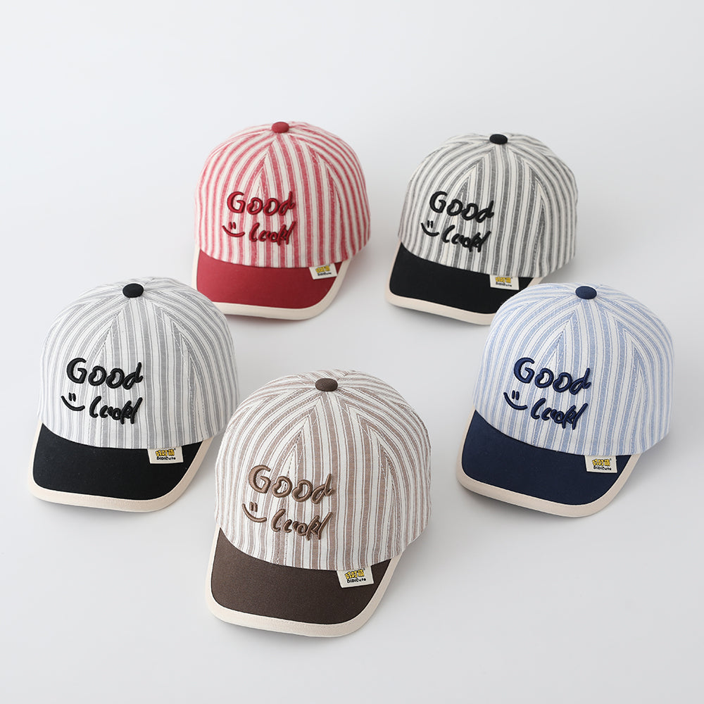 New Children's Striped Multi-color Three-dimensional Smiling Face Letter Embroidered Baseball Cap With Adjustable Design, Suitable For Outdoor Activities And Playtime.