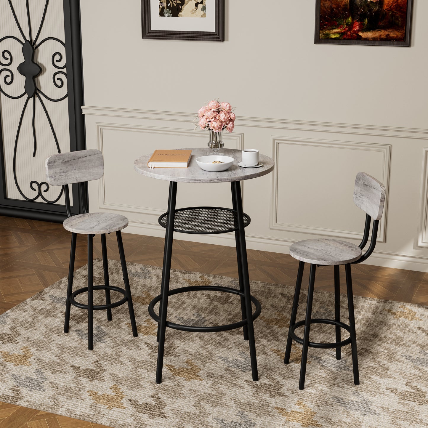 3 Pieces Round Bar Table Set, With Backrest And Partition,Small Dining Table For 2, Breakfast Table 2 Stools For Kitchen, Dining Room