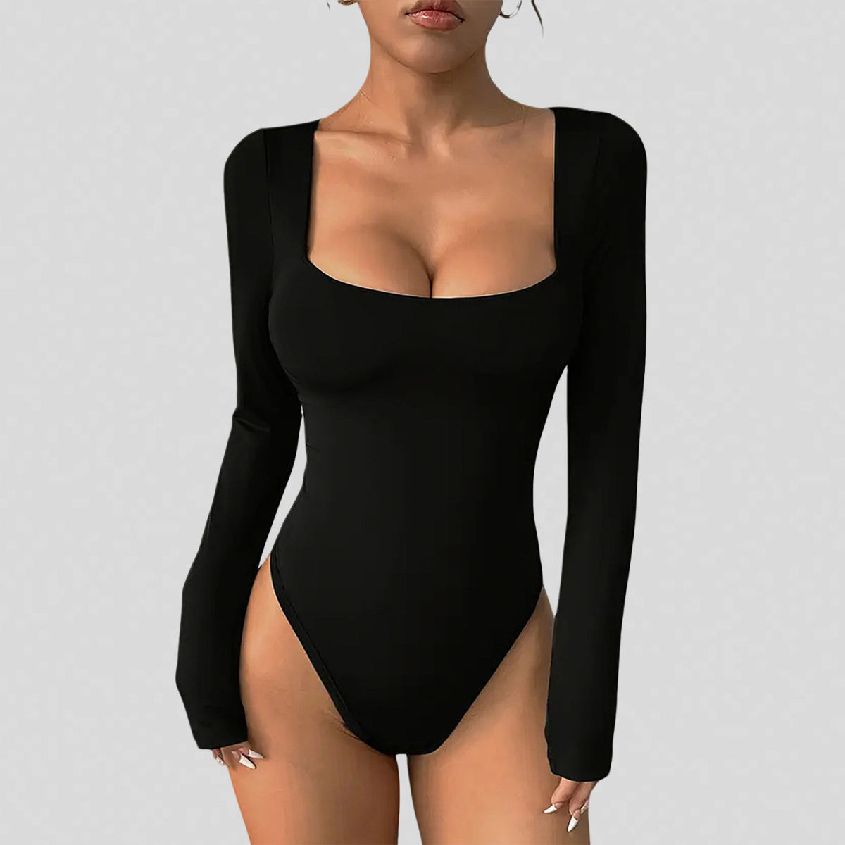 Women Square Neck Long Sleeve One-Piece Yoga Bodysuit Stretchy Tight Integrated Jumpsuit Fitness Workout Outfit