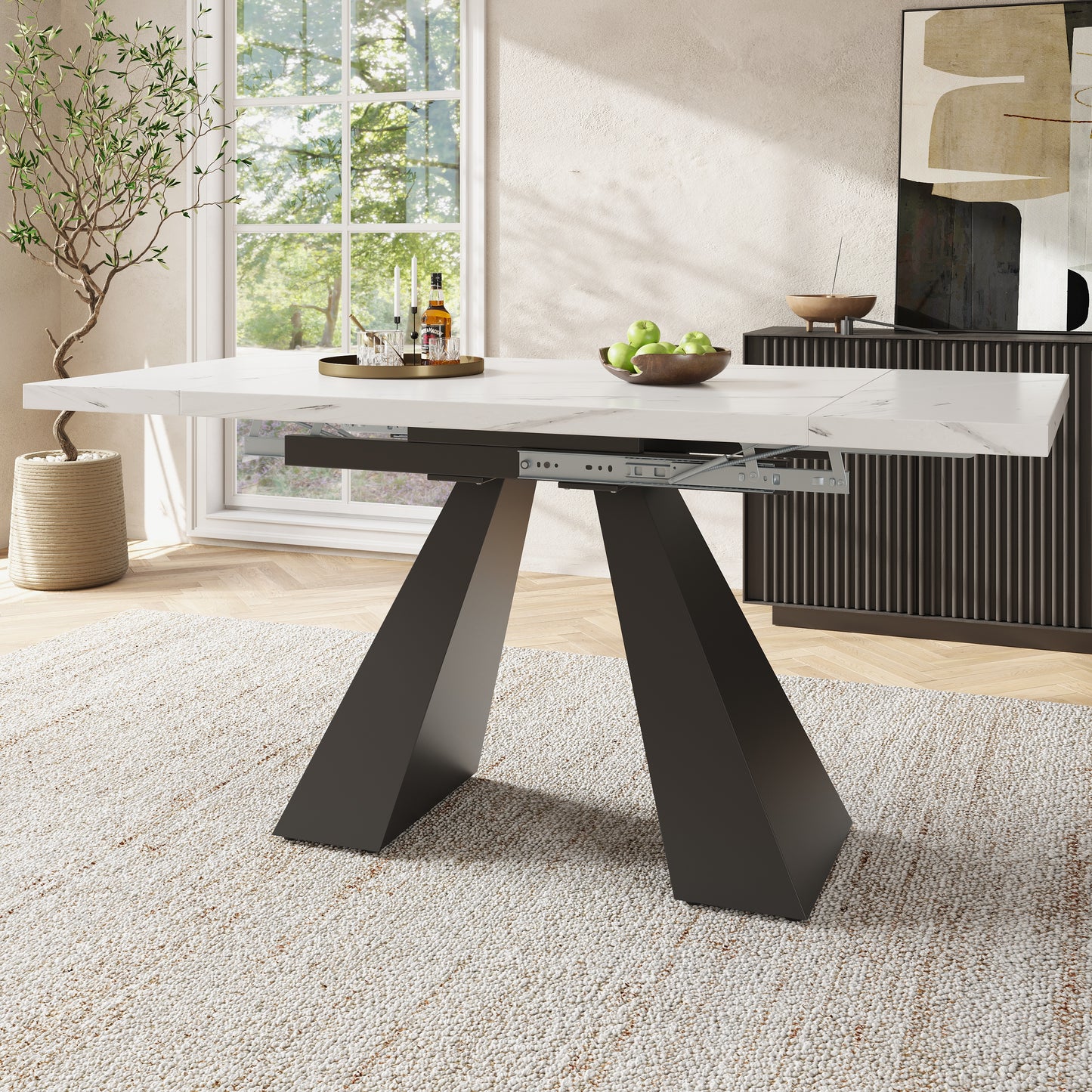 Telescopic Dining Table  99-159x74cm , Extendable Dining Table, Space-Saving Kitchen Table, Wide Work Surface, Flexible Design, For Home Office And Living Room, White Table Top With Pillar Legs