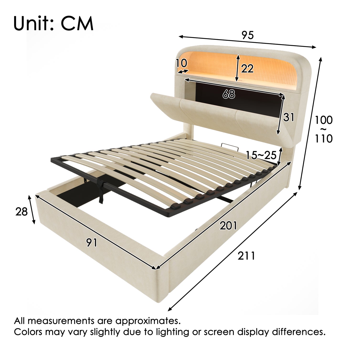 Upholstered Bed Single Bed 90x200 Cm With Height-adjustable Storage Headboard, Hydraulic Bed With LED Lighting & USB Type-C Charging Station, Velvet, Beige, Incl. Slatted Frame Without Mattress