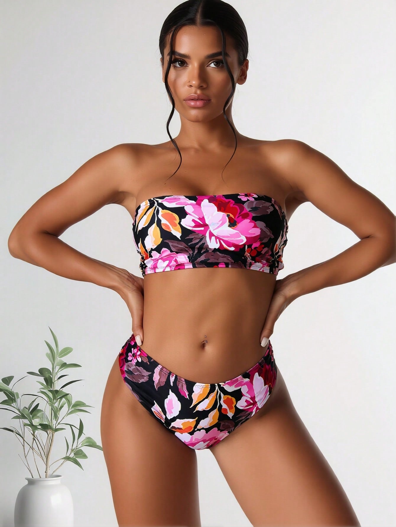 2026 New Floral Print Strapless Bandeau Bikini Set, High Waist Two-Piece Bathing Suit