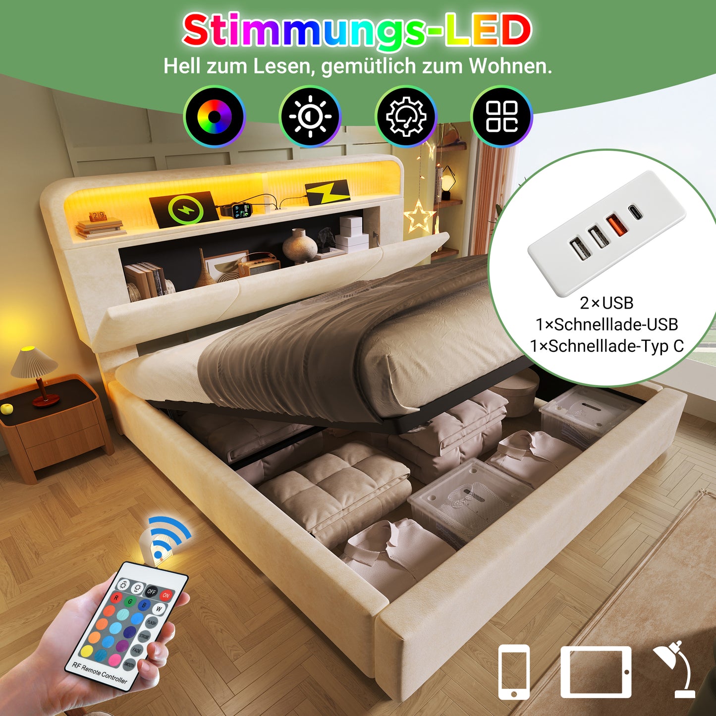 Upholstered Bed Double Bed 160x200 Cm With Height-adjustable Storage Headboard, Hydraulic Bed With LED Lighting & USB Type-C Charging Station, Velvet, Beige, Incl. Slatted Frame  Without Mattress