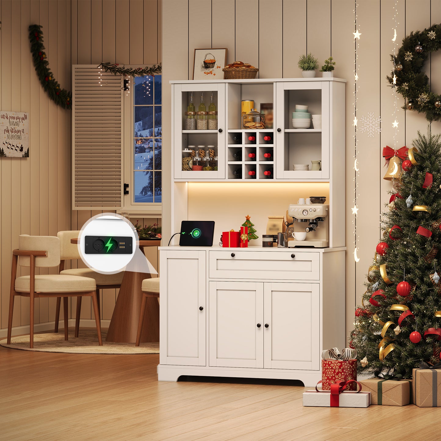 Kitchen Cabinet, Tall Cabinet, Storage Cabinet, Display Cabinet With Door, Integrated Spice Rack, Adjustable Shelves, With Color-changing LED Lighting And Socket, 180 X105 X 40 Cm