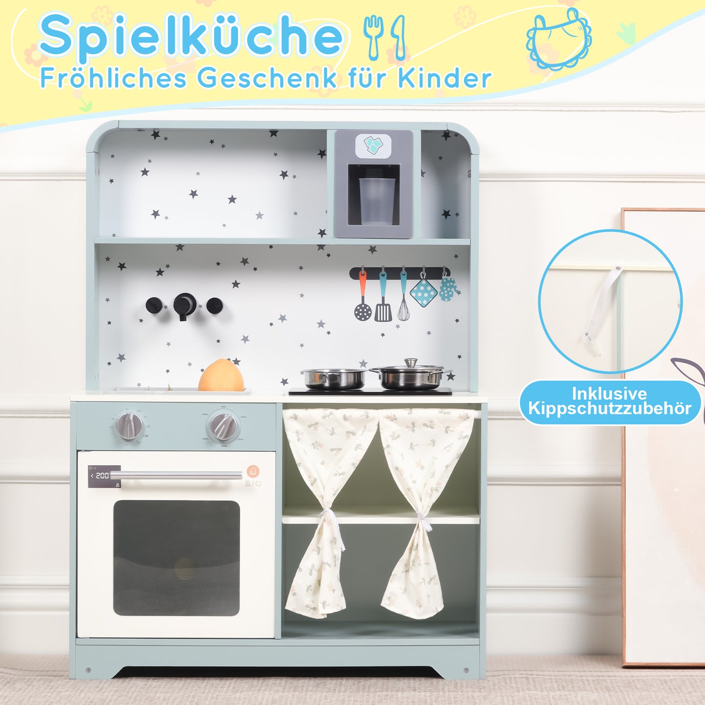 Children's Kitchen, Play Kitchen With Ice Maker And Microwave, Accessories And Surprise Effects, An Excellent Gift For Children Aged 3 And Over, Wood  Plastic, Blue, 29x60x81cm