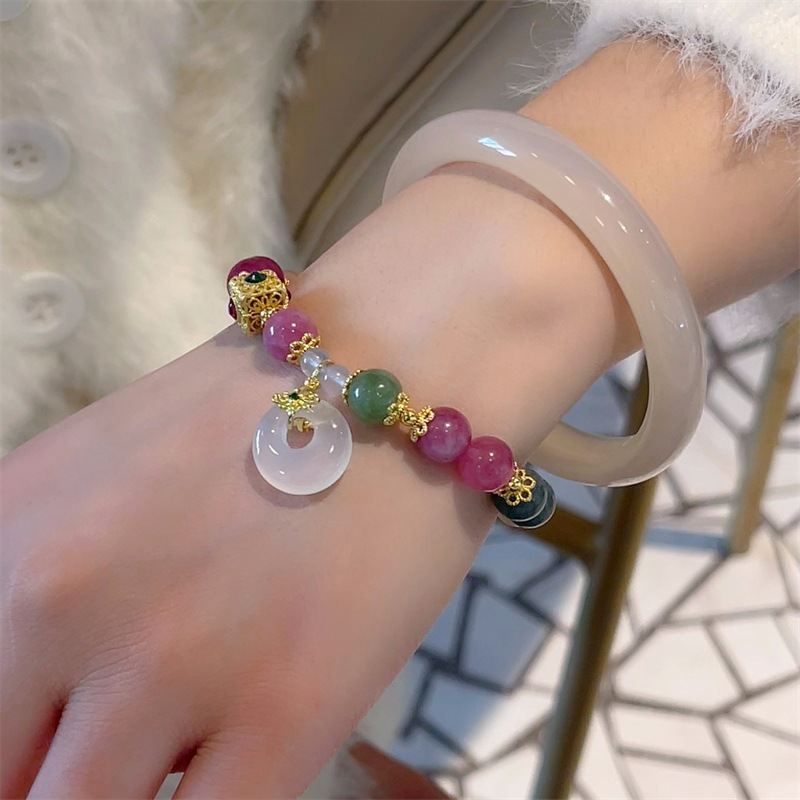 Dopamine Chalcedony Bracelet Peace Buckle Rings Vintage French Gold Accessories