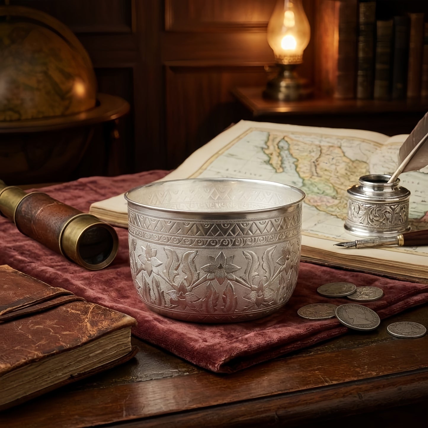 Pure 999 Fine Silver Elegant  Bowl with Intricate Floral and Geometric Engraving-Fine tea bowl - Handicraft