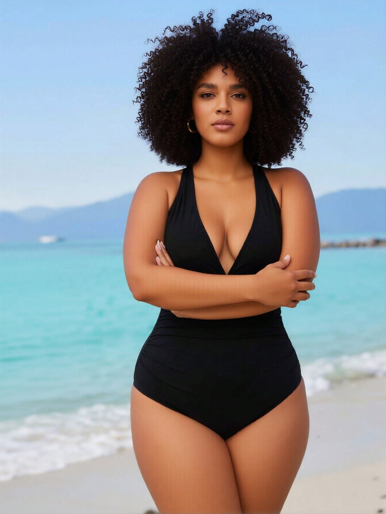 2026 New Women's One-Piece Swimsuit: Black With Halter Neck, Deep V-Neck And Ruched Tummy Control