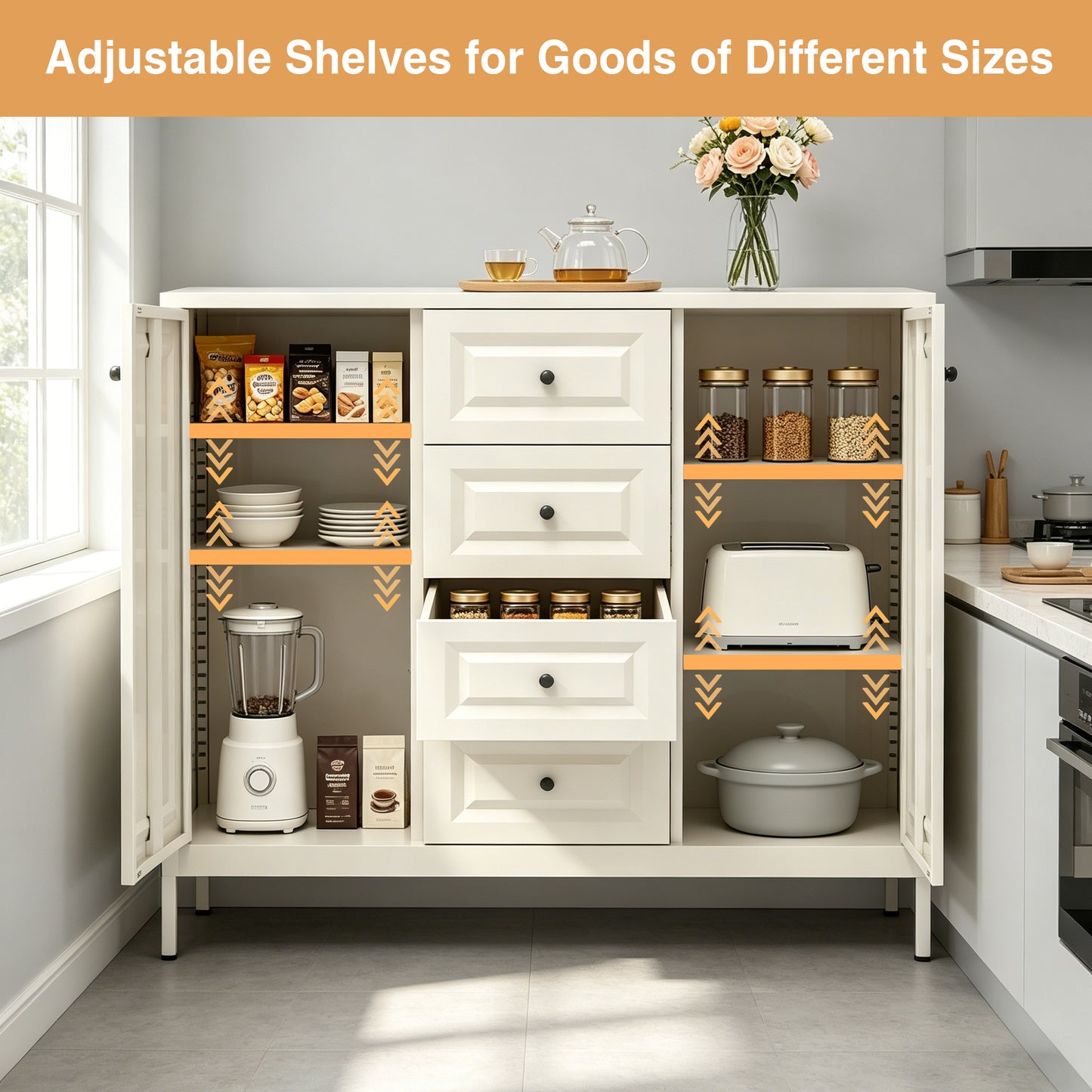 40.16 Storage Sideboard Buffet Cabinet, Freestanding Accent Cabinet With 4 Drawers & 2 Doors, Adjustable Shelves Console Cabinet For Living Room, Kitchen ,Entryway ,Hallway ,Laundry Room Beige