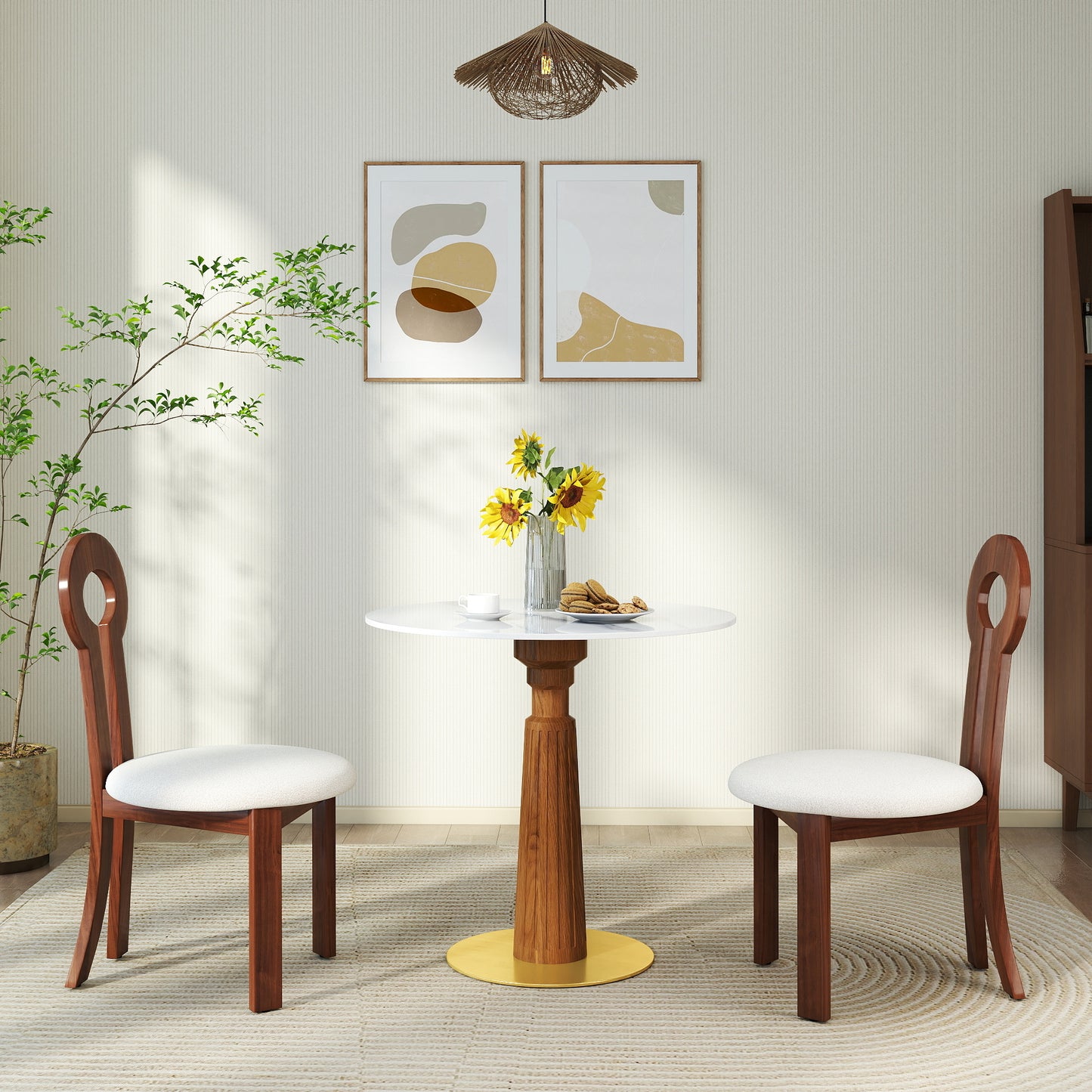 Modern Round Dining Table, 33.5  Sintered Stone Table With Wooden Leg & Gold Base, 2 - Person Kitchen Table For Small Space, 150lbs Weight Capacity Only The Negotiation Table