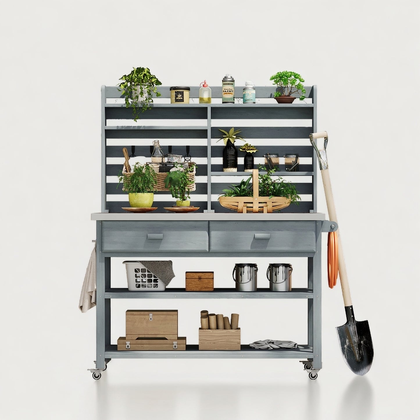 K&K 64.9 H Outdoor Potting Bench Table With Lockable Wheels, Solid Wood Outdoor Kitchen Island With Upper Hutch, Stainless Steel Top, Towel Rack ,Outdoor Storage For Grilling, Lawn Garden  Grey Blue