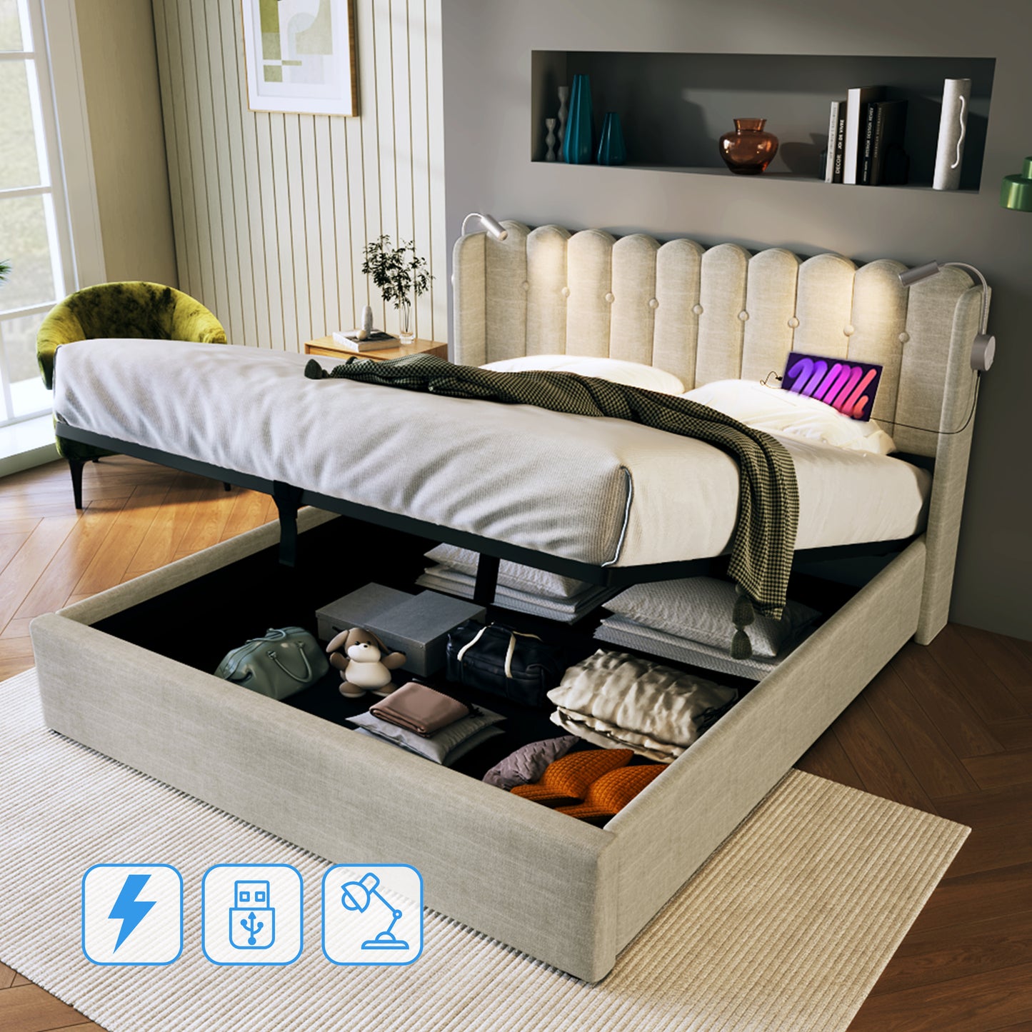 Upholstered Bed Double Bed Reading Light With Charging Function Headboard Storage Bed Frame Linen Material Youth Bed 160x200 With Slatted Frame,Natural With Mattress