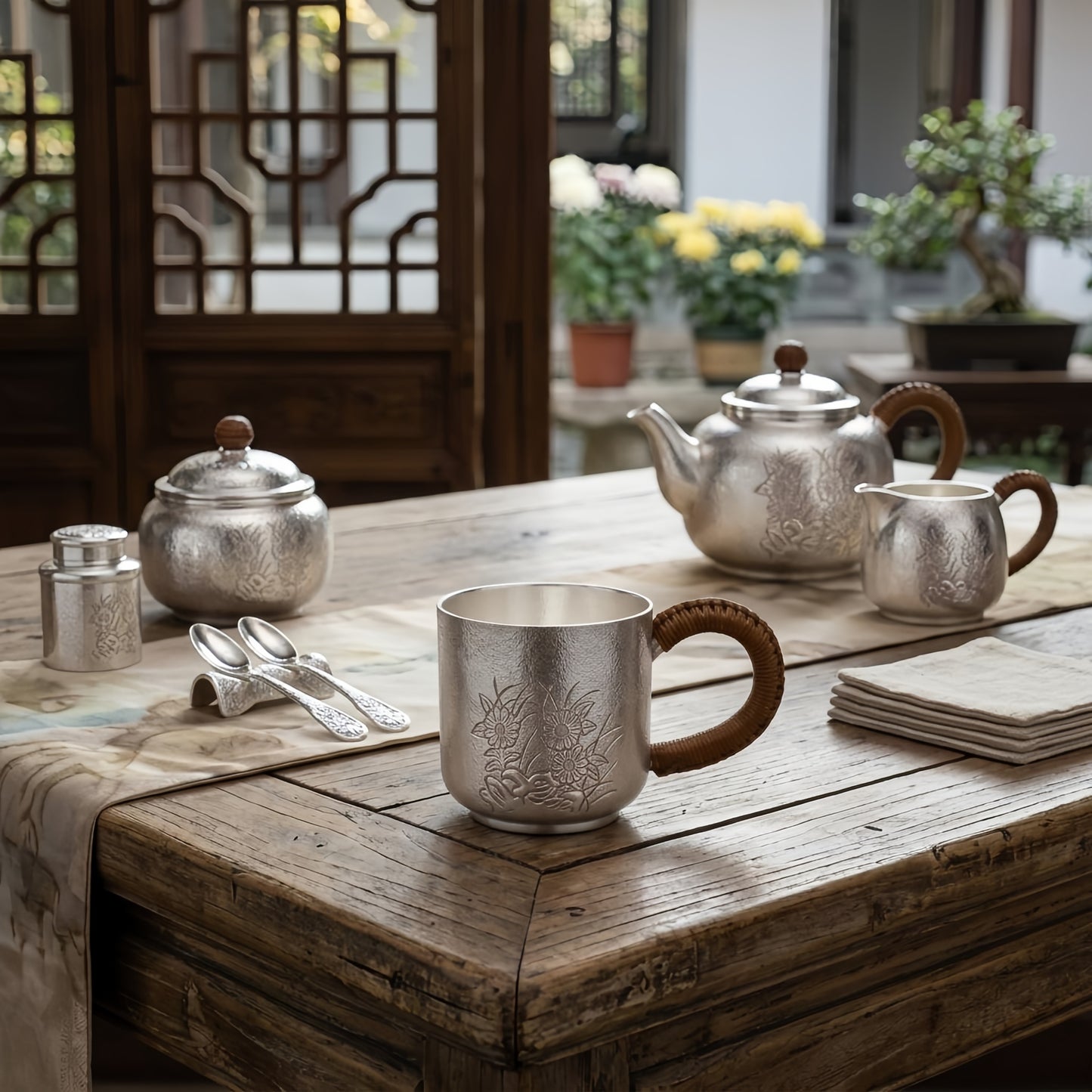 925 Sterling Silver Elegant Silver Tea Cup with Embossed Floral Design and Woven Rattan Handle - Handicraft