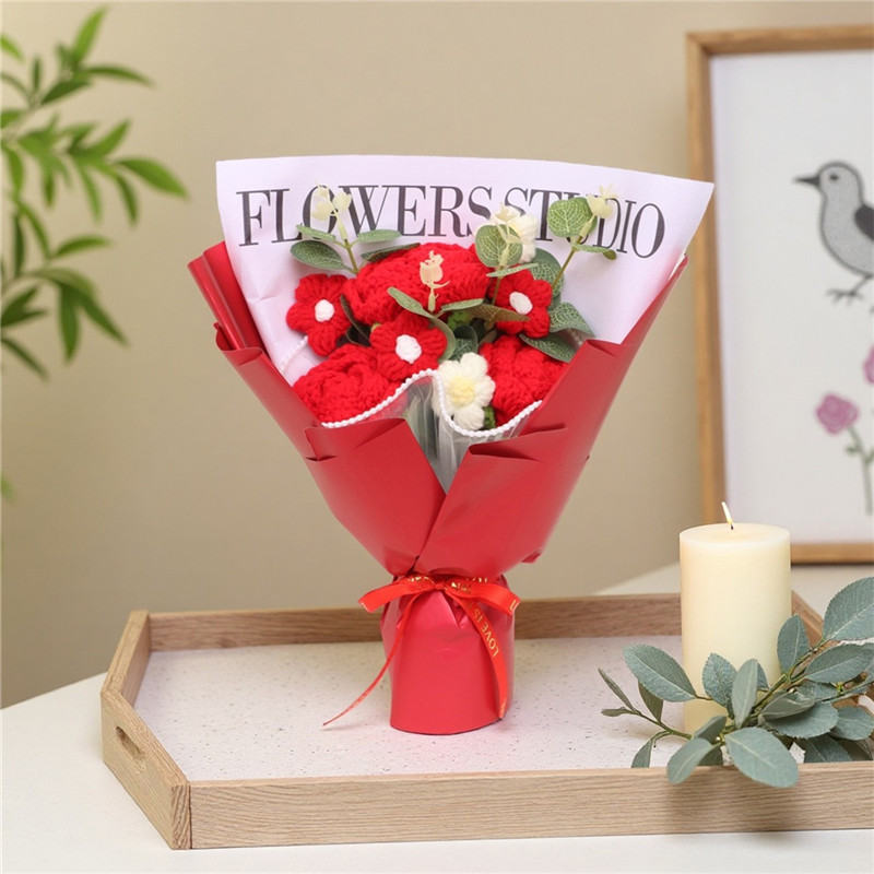 Handmade Crochet Red Rose Mixed Flower Bouquet, Knitted Everlasting Yarn Artificial Flowers, Red Wrapped Floral Arrangement Gift For Valentine's Day, Anniversary, Birthday, Wedding & Home Decor