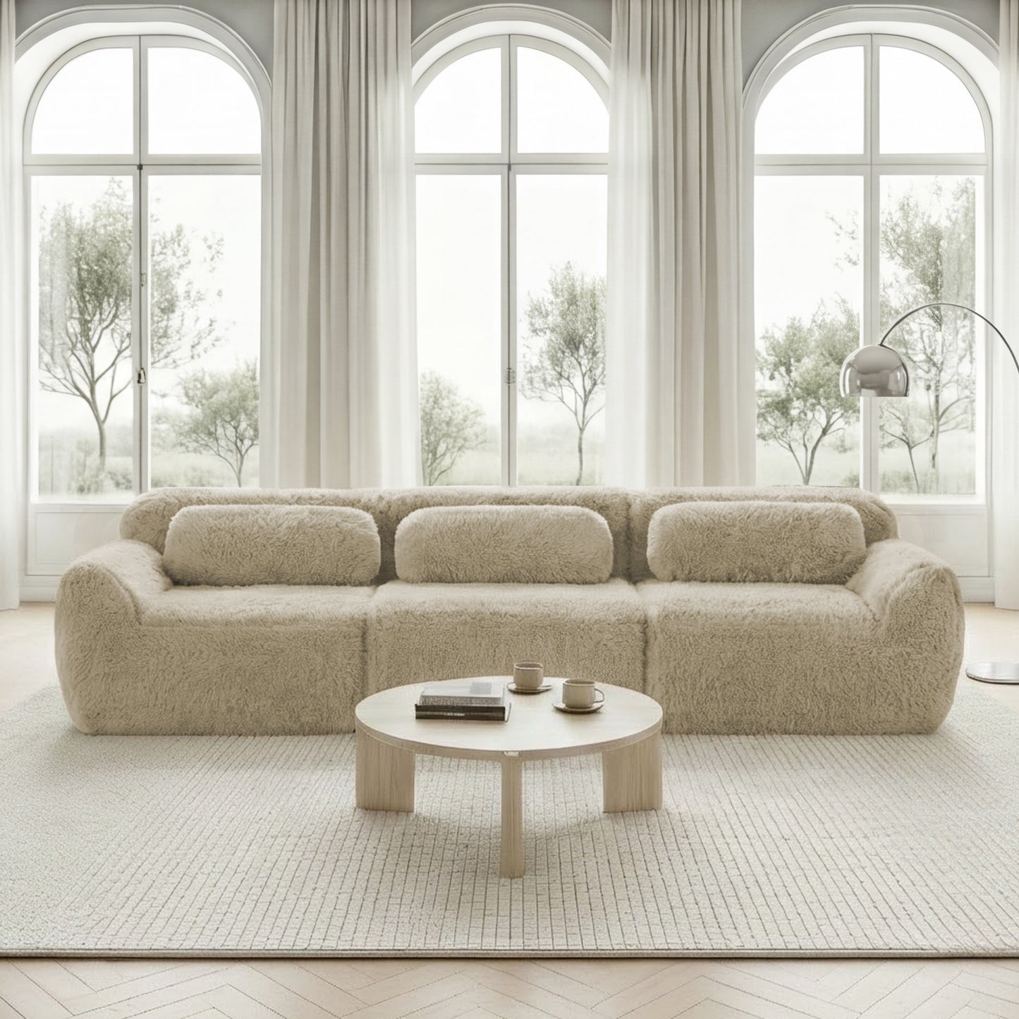 3-seater Low Sofa, Premium Plush Fabric, Modular, Non-slip Floor, No Assembly, With Cushions. Ergonomic Support, High-resilience Foam, Suitable For Living Room, Light Khaki