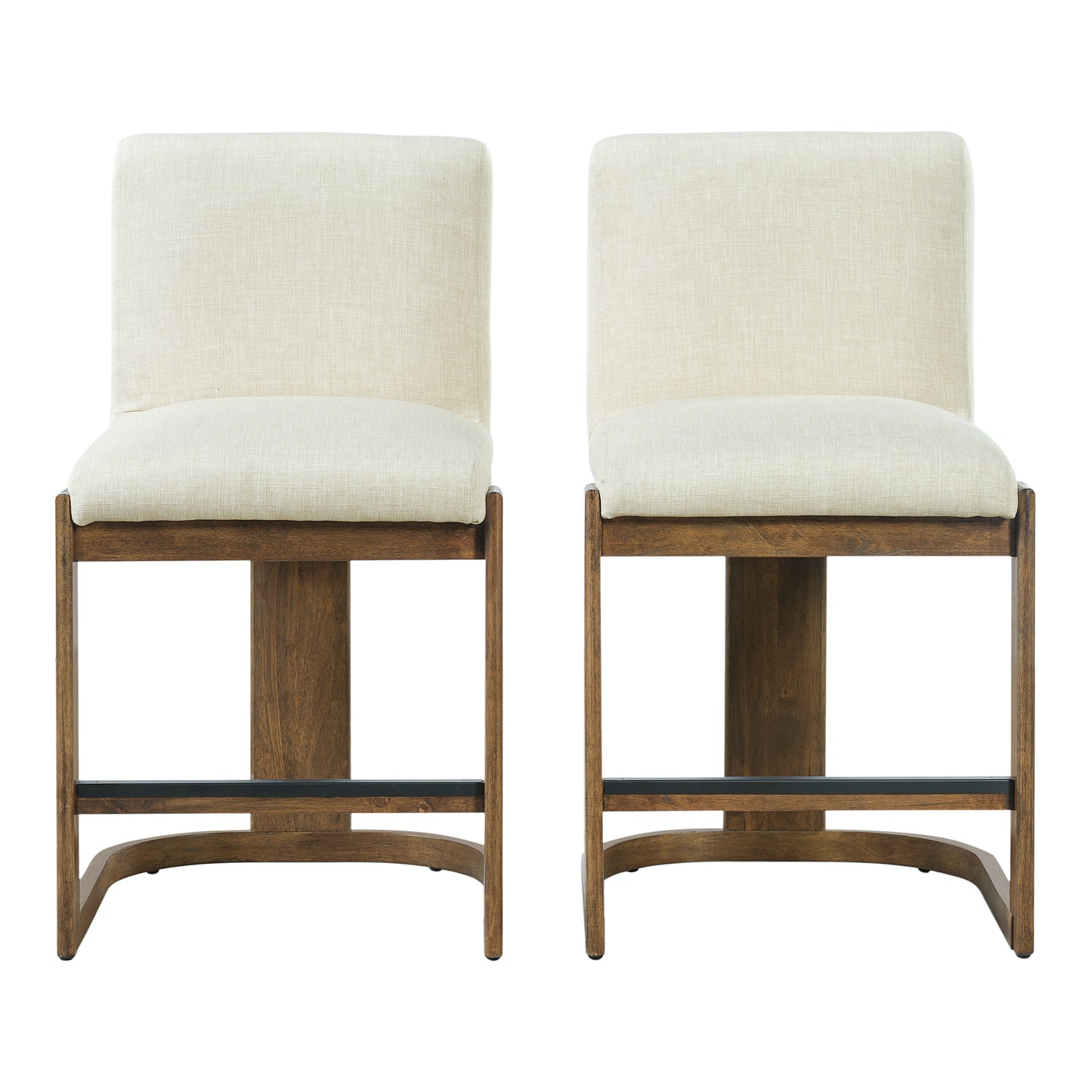 Modern Bar Stools Set Of 2, 24  Solid Wood Counter Height Barstools, Linen Upholstered Kitchen Island Chair With Walnut-Finished Wood Legs For Home Bar Coffee Shop,Beige