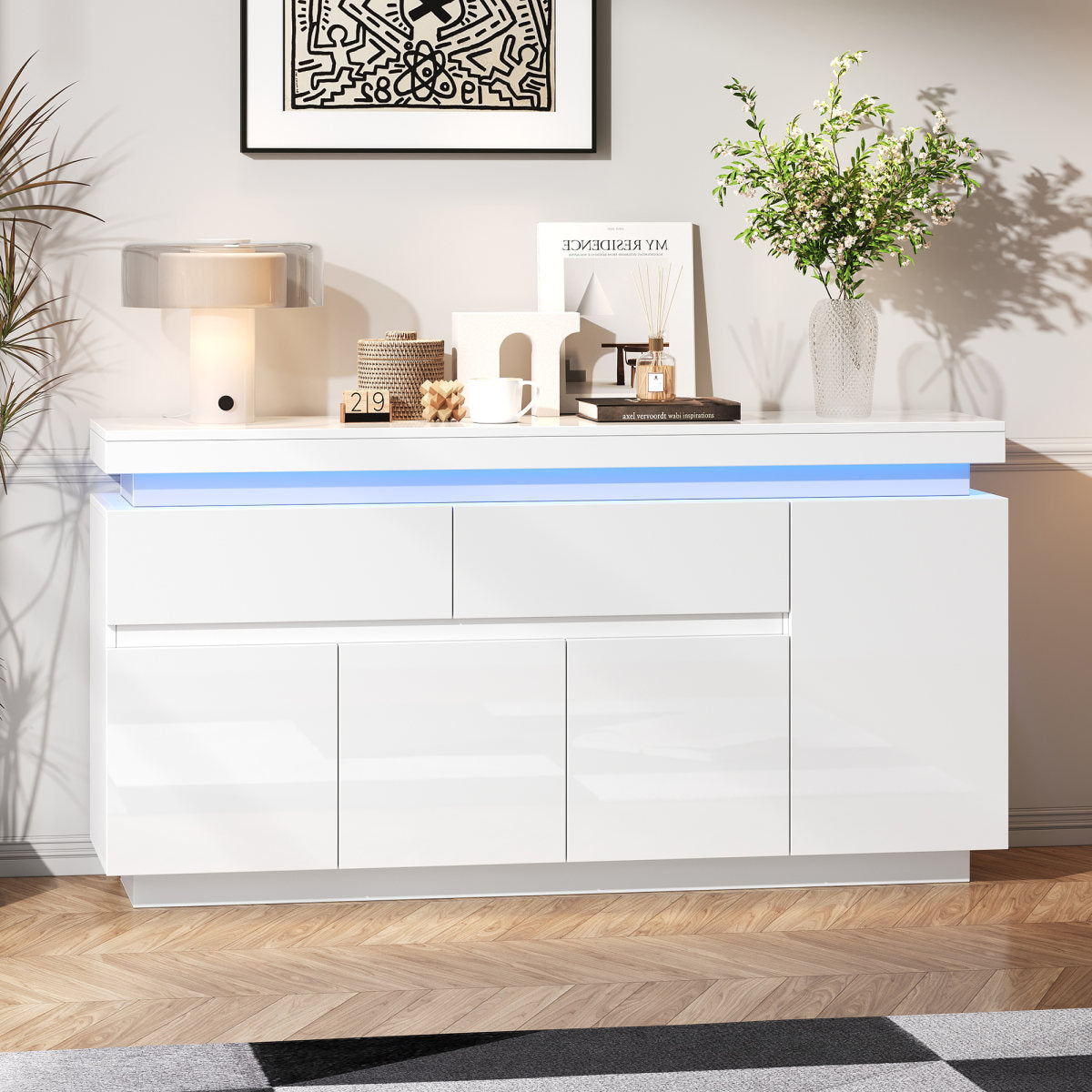 White High Gloss Sideboard With RGB LED Lights, App-Controlled Cabinet With 4 Doors 2 Drawers,Modern Storage Cupboard Unit For Living Room, Bedroom, Dining Room,140 X 35 X 72,5 Cm