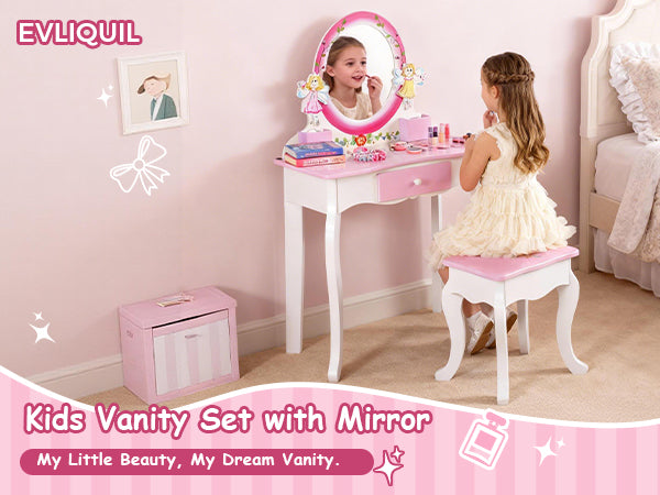 Kids Vanity Set Floral Printed Wooden Makeup Dressing Princess Table With Mirror And Stool For Role Playing Pink