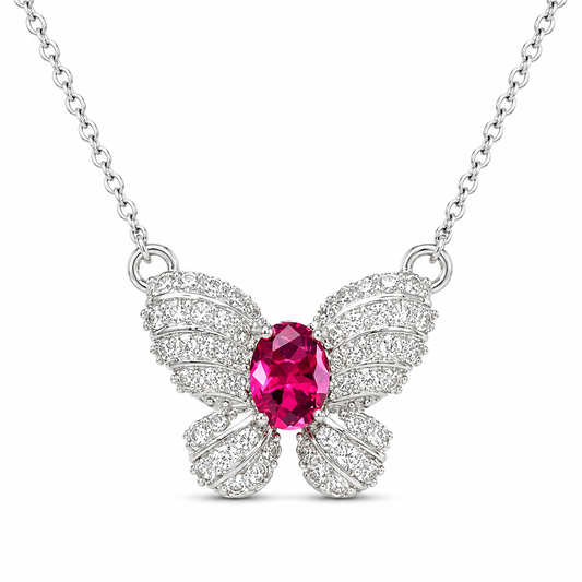 Oval Cut Hot CZ Butterfly Pendant Necklace For Women, Copper Plated Silver Full Pave White Cubic Zirconia Elegant Wedding Party Statement Jewelry Gift