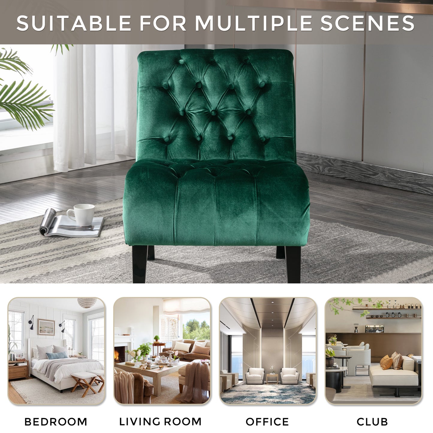 COOLMORE Modern Velvet Armless Accent Living Room Chair   Leisure Chair,Upholstered Fabric Button Comfortable Chair With Wooden Legs For Bedroom, Living Room, Office  Green Velvet