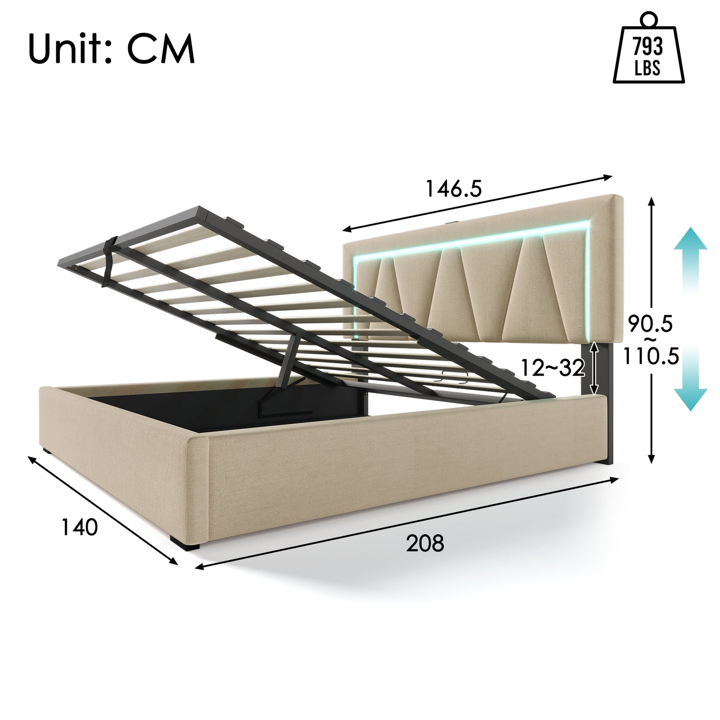 Upholstered Bed LED Double Bed With USB Type-C Charging Function And LED Lighting,Storage Beds Bed Frame Made Of Linen Material Youth Bed 140x200 With Slatted Base Without Mattress