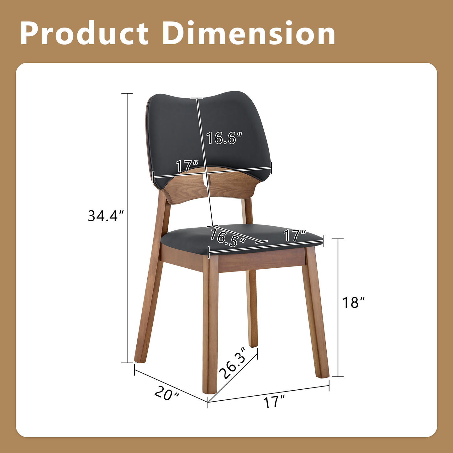 2 Walnut Colored Solid Wood Dining Chairs, With Black PU Soft Packaging On The Backrest And Seat Cushion, Hollowed Out Design Backrest, For Home Dining Chairs.