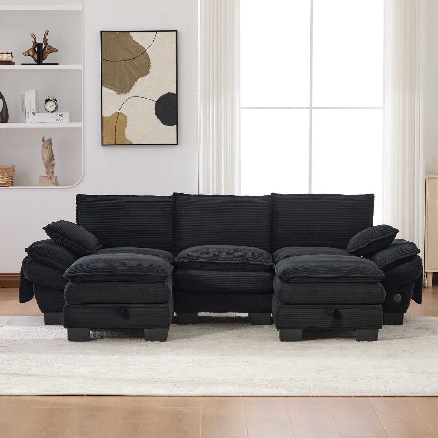 Modular 3-seater Corduroy Sofa  With 2 Stools Wide Seat, Ergonomic Design, High-density Foam Padding, USB-C Port And Side Pockets.Ideal For Living Room, Office Or Lounge.Black