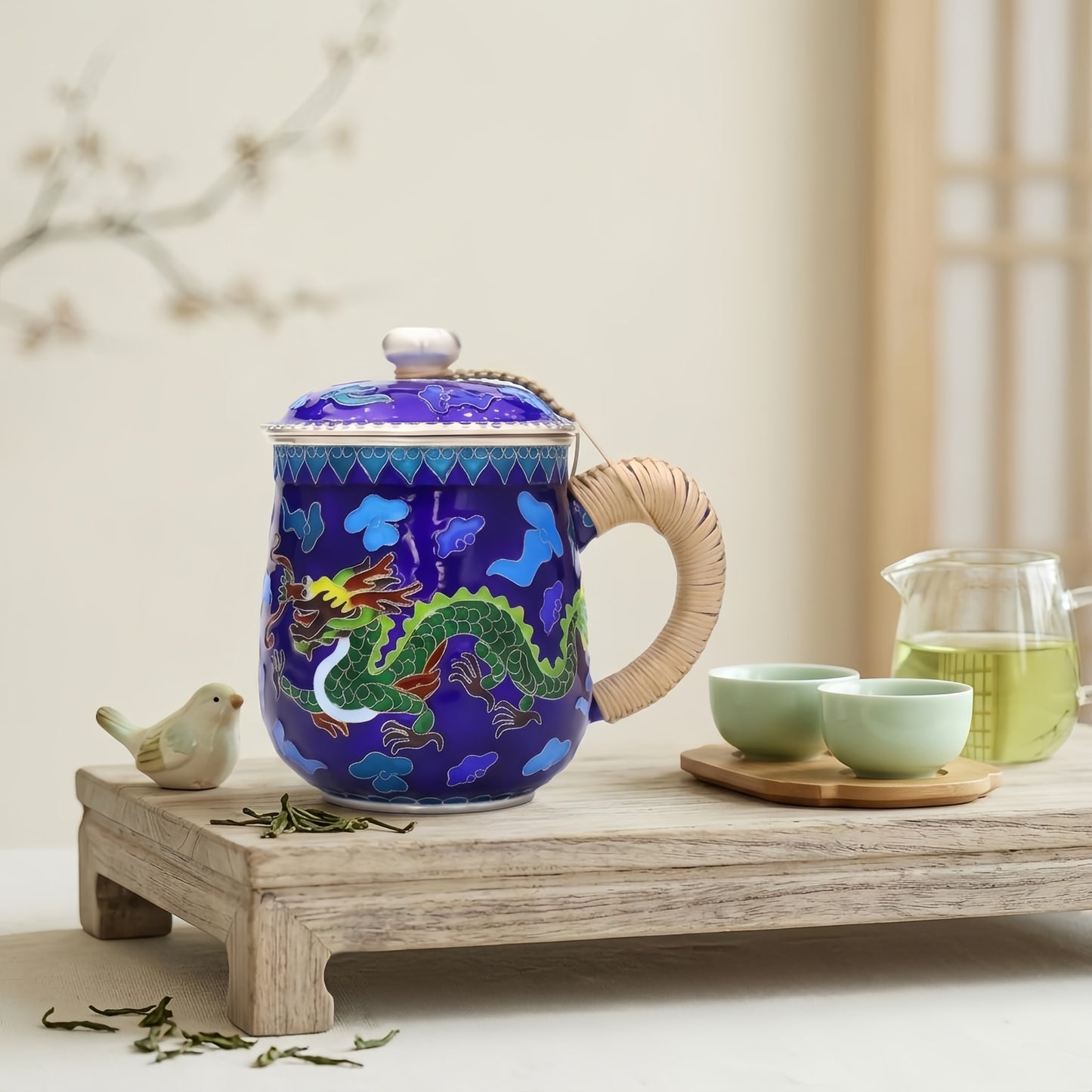 Pure 999 Fine Silver Vibrant Blue Cloisonné Dragon Tea Mug with Wicker Handle and Matching Lid - Handicraft