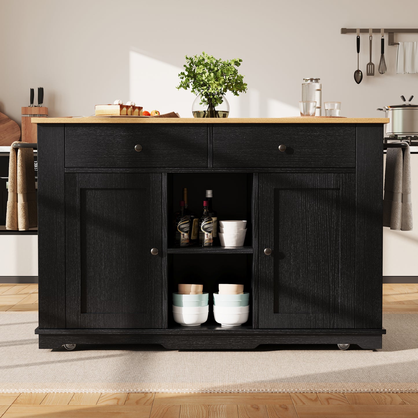 Kitchen Island, Kitchen Trolley Equipped With Power Strip, Kitchen Cabinet, Serving Trolley With Worktop, Buffet Cabinet, Dining Trolley With Wood Grain, Buffet Cabinet,Black