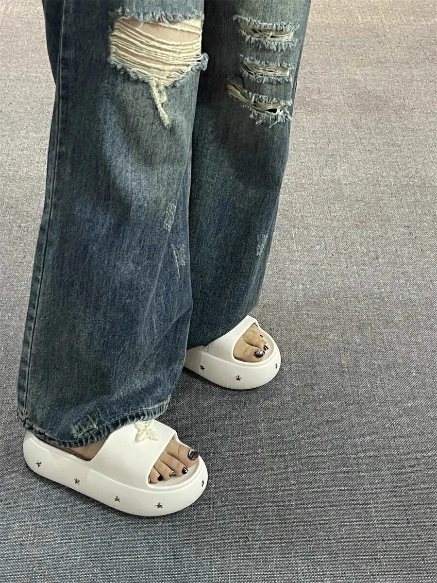 Women Platform Slippers, Summer Outdoor Wear, Luxury Texture, Non-slip Soft Cloud Cushion Insole, Punk Style Fashion Slides For Indoor & Outdoor